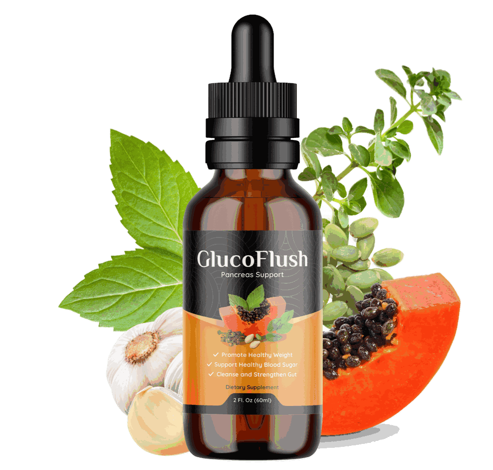 GlucoFlush pancreas support dropper bottle surrounded by fennel, garlic, papaya, and pumpkin seed