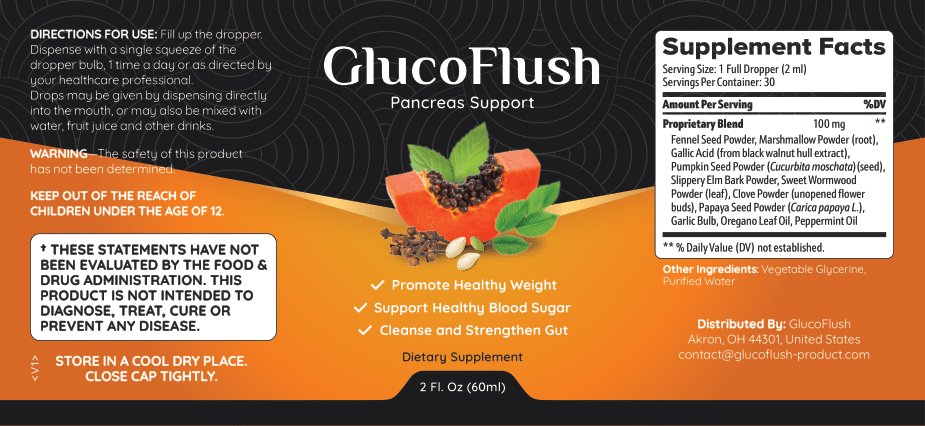 GlucoFlush bottle label showing full Supplement Facts panel and directions for use